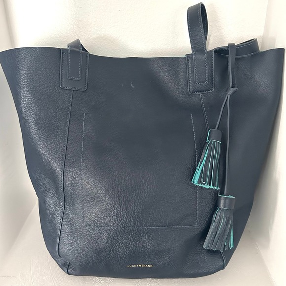 Lucky Brand Navy Blue Pebbled Leather Tote Bag with Teal Interior and Pouch - Picture 6 of 13